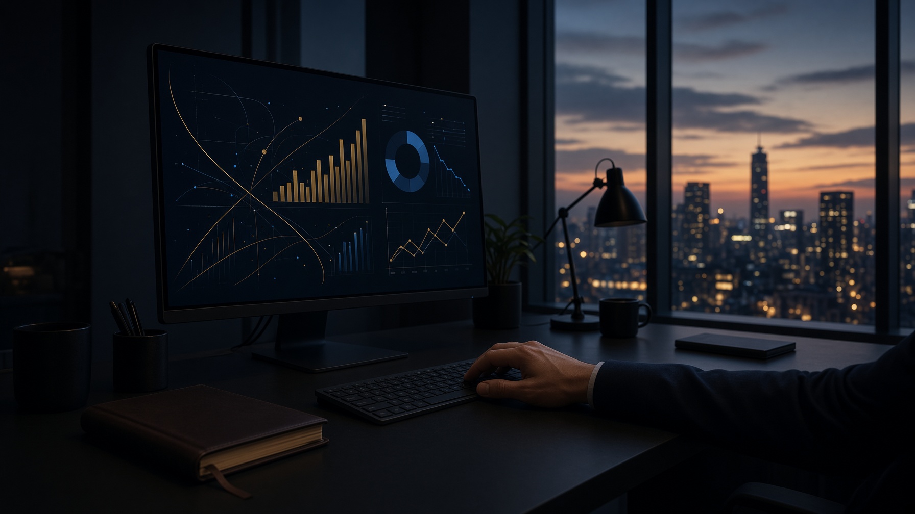 Mesa de operação com um monitor de diagramas, diante da cidade